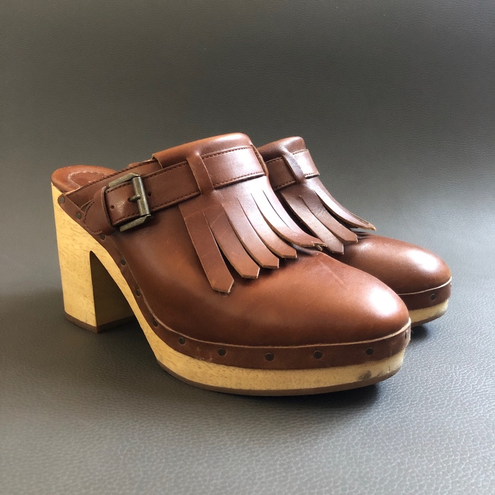 Madewell Brown Leather Fringe Clogs
